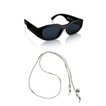 Ochelari de soare dreptunghiulari unisex cu lant - Negru