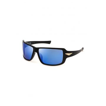Ochelari de Soare Barbati  SPLN37-650Z42 - Lentile Oglinda Albastre Ø65mm - UV400 - Cadru Negru Acetat - Carcasa Inclusa