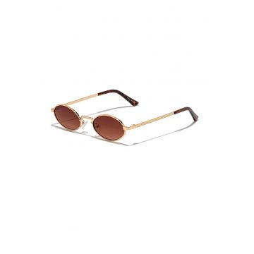Ochelari de soare ovali unisex cu rama metalica - Auriu/Maro